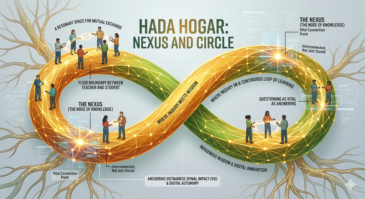 • Vietnamese: Mô phỏng vòng lặp tri thức vô hạn tại Hada Hogar, nơi Inquiry kết nối với Wisdom qua hệ thống Nexus của Cây Tre Vàng và di sản Tác động cột sống Việt Nam. • English: A visualization of the infinite knowledge loop at Hada Hogar, where Inquiry meets Wisdom through the Golden Bamboo Nexus and Vietnamese Spinal Impact heritage.