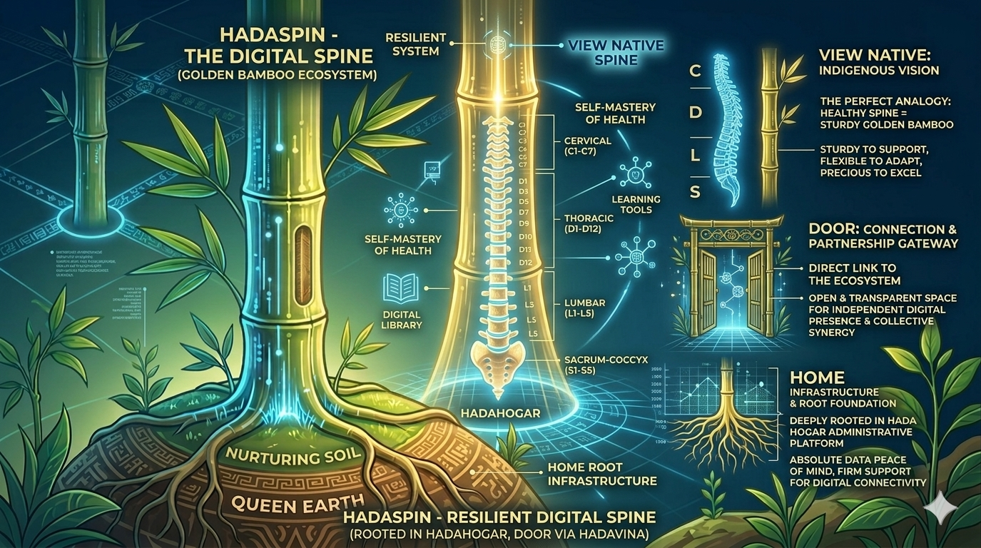 Hadaspine - Ngọn tre vàng số hóa Trục xương sống của Chuyển đổi số nhân văn, mô phỏng sự vững chãi, linh hoạt và vươn xa của cột sống con người, bám sâu vào Gốc-Thân Hada Hogar/HadaViNa.