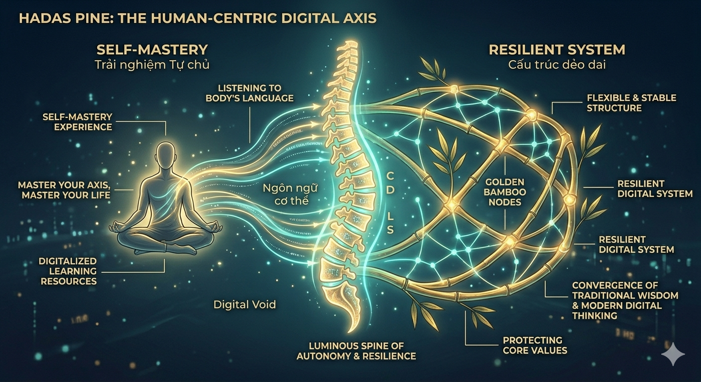 Mô phỏng Hadaspine như trục sống nhân văn, kết nối trải nghiệm Tự chủ (Self-Mastery) và cấu trúc dẻo dai (Resilience) trong Chuyển đổi số nhân văn / Visualizing Hadaspine as a human-centric digital axis, connecting Self-Mastery experience and Resilience structure in Humane Digital Transformation.