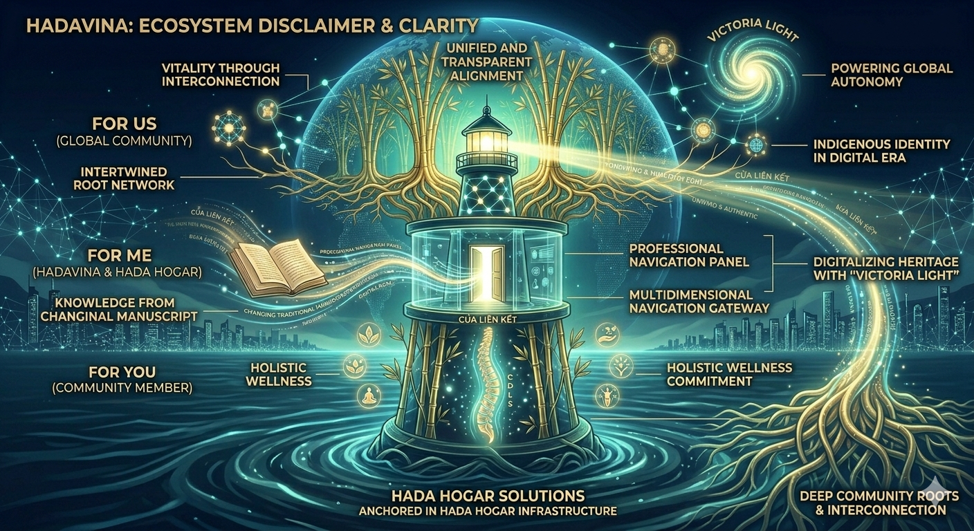 Mô phỏng Hadavina như hệ sinh thái gắn kết, kết nối sự minh bạch (Disclaimer) và sắp đặt (Alignment) trên nền tảng Cây Tre Vàng / Visualizing Hadavina as an interconnected ecosystem, connecting disclaimer clarity and transparent alignment on the Golden Bamboo foundation.